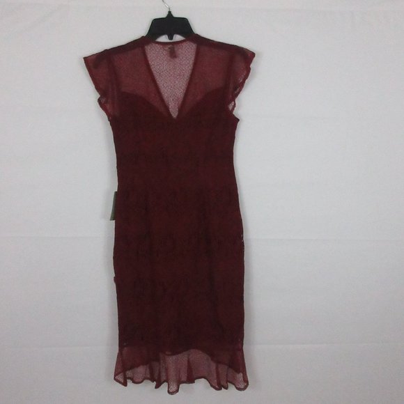 Chelsea 28 Red Grape Lace Dress XS Cap Sleeve V-Neck Ruffles in Burgundy $159 - Picture 5 of 7